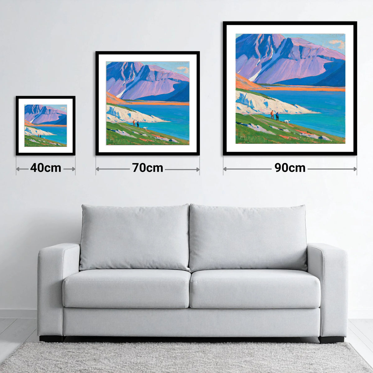 Vivid Wast Water Dog Walk - size guide showing 40cm, 70cm and 90cm art prints
