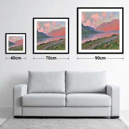 Mountain Lake in Pink Sunset - size guide showing 40cm, 70cm and 90cm art prints
