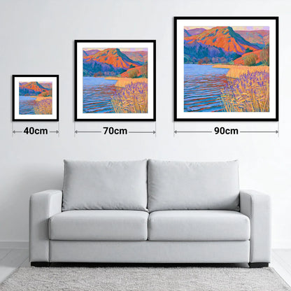 Golden Reeds at Grasmere - size guide showing 40cm, 70cm and 90cm art prints