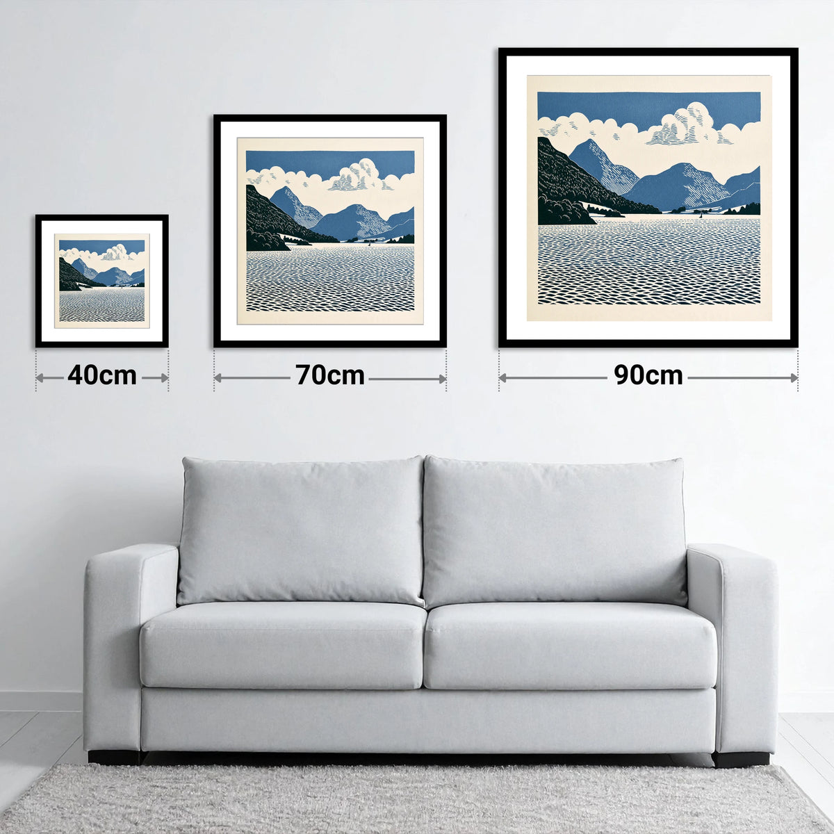 Graphic Navy Ullswater Landscape - size guide showing 40cm, 70cm and 90cm art prints