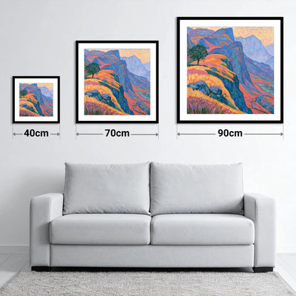 Lone Tree on Misty Mountain Ridge - size guide showing 40cm, 70cm and 90cm art prints