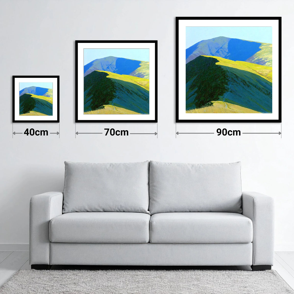 Great Rigg Sunlit Ridge Path - size guide showing 40cm, 70cm and 90cm art prints