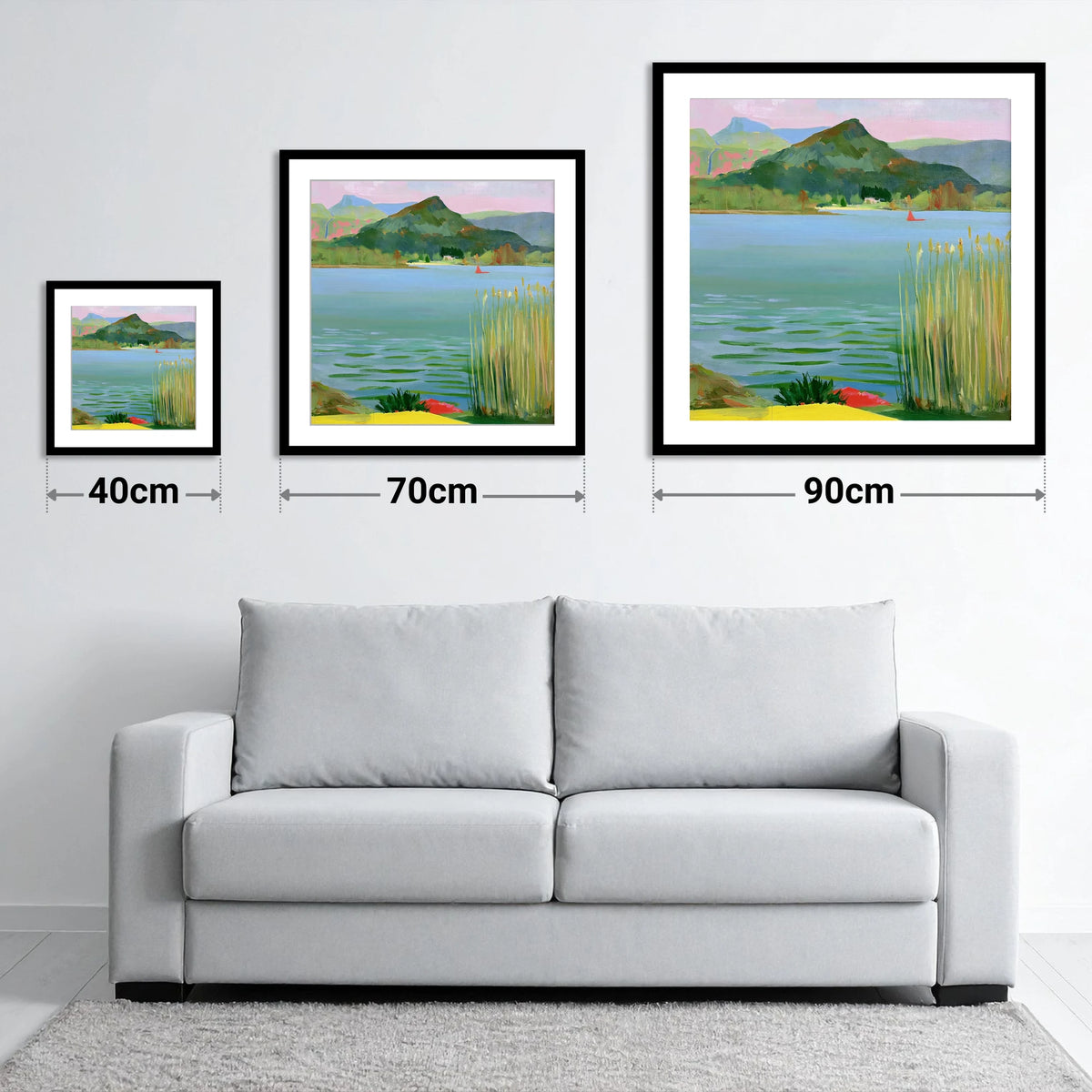 Vibrant Reeds on Grasmere Water - size guide showing 40cm, 70cm and 90cm art prints