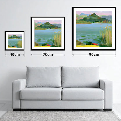 Vibrant Reeds on Grasmere Water - size guide showing 40cm, 70cm and 90cm art prints