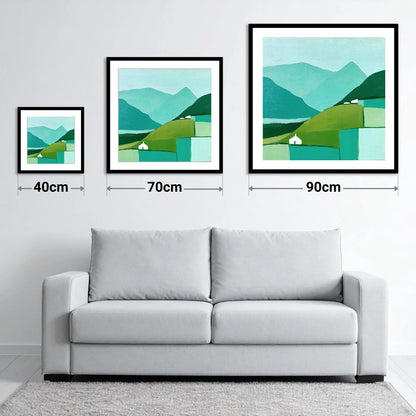 Abstract Keswick Fells in Green - size guide showing 40cm, 70cm and 90cm art prints
