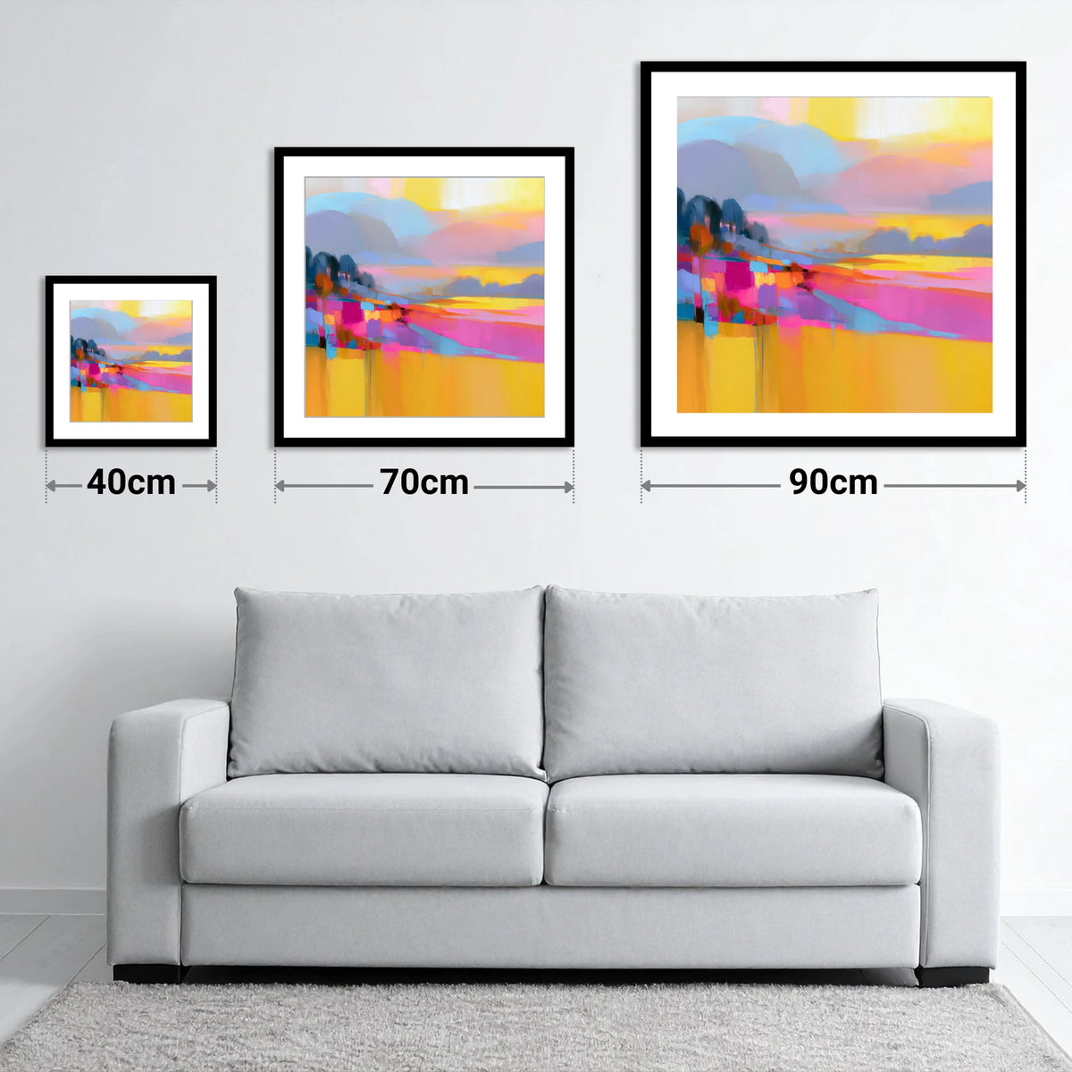 Magenta and Gold Valley Mist - size guide showing 40cm, 70cm and 90cm art prints