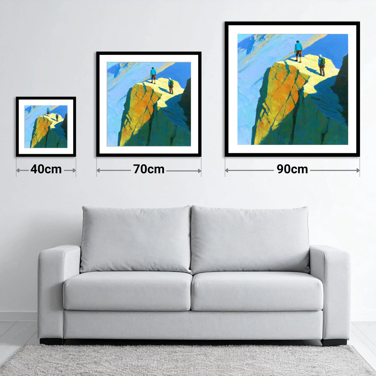 Mountaineers on Sunlit High Crags - size guide showing 40cm, 70cm and 90cm art prints