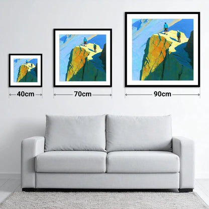 Mountaineers on Sunlit High Crags - size guide showing 40cm, 70cm and 90cm art prints