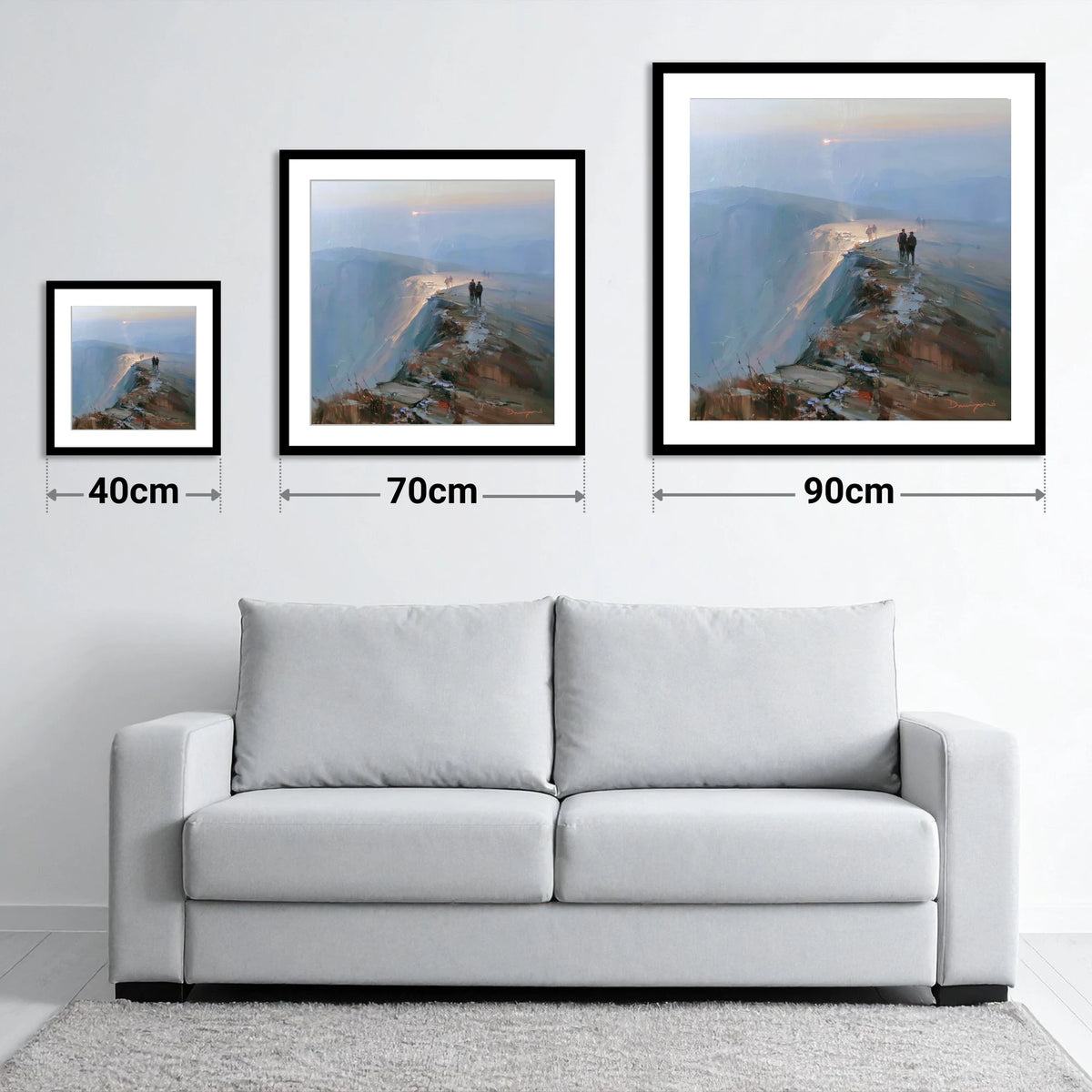 Hikers on a Hazy Fell Top - size guide showing 40cm, 70cm and 90cm art prints