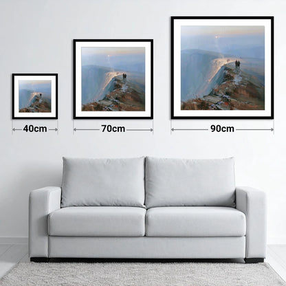 Hikers on a Hazy Fell Top - size guide showing 40cm, 70cm and 90cm art prints