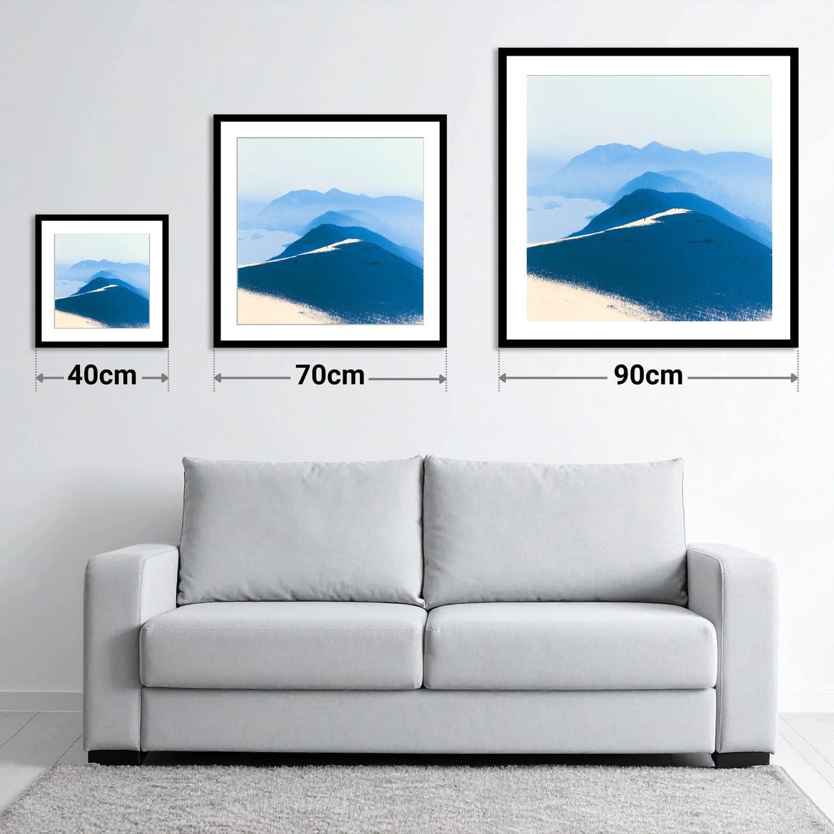 Fell Summit in Deep Blue - size guide showing 40cm, 70cm and 90cm art prints