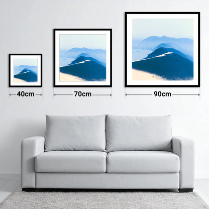 Fell Summit in Deep Blue - size guide showing 40cm, 70cm and 90cm art prints