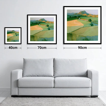 Valley Fells in Golden Light - size guide showing 40cm, 70cm and 90cm art prints