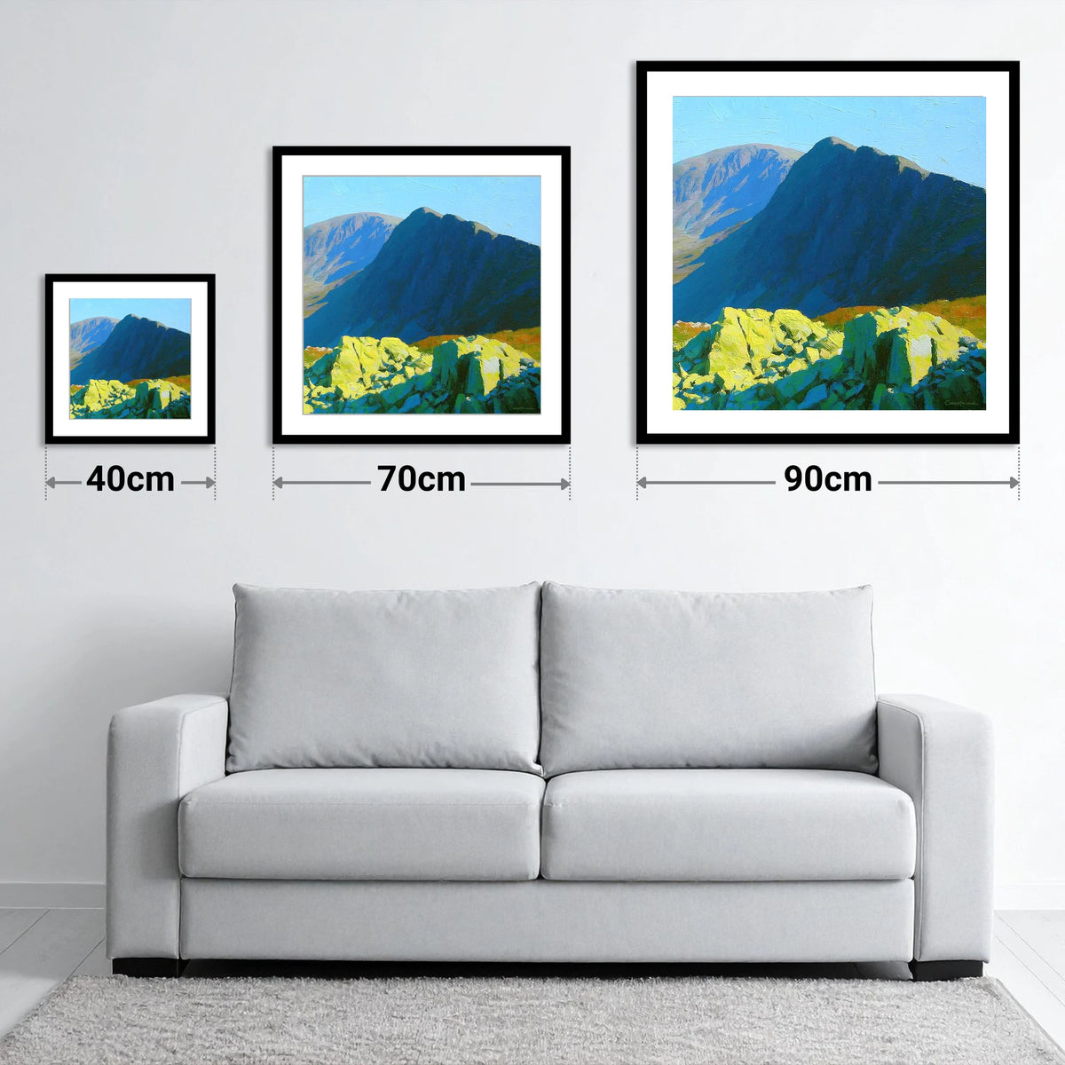 Sunlit Rocks on Great Carrs - size guide showing 40cm, 70cm and 90cm art prints