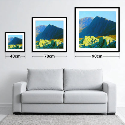 Sunlit Rocks on Great Carrs - size guide showing 40cm, 70cm and 90cm art prints