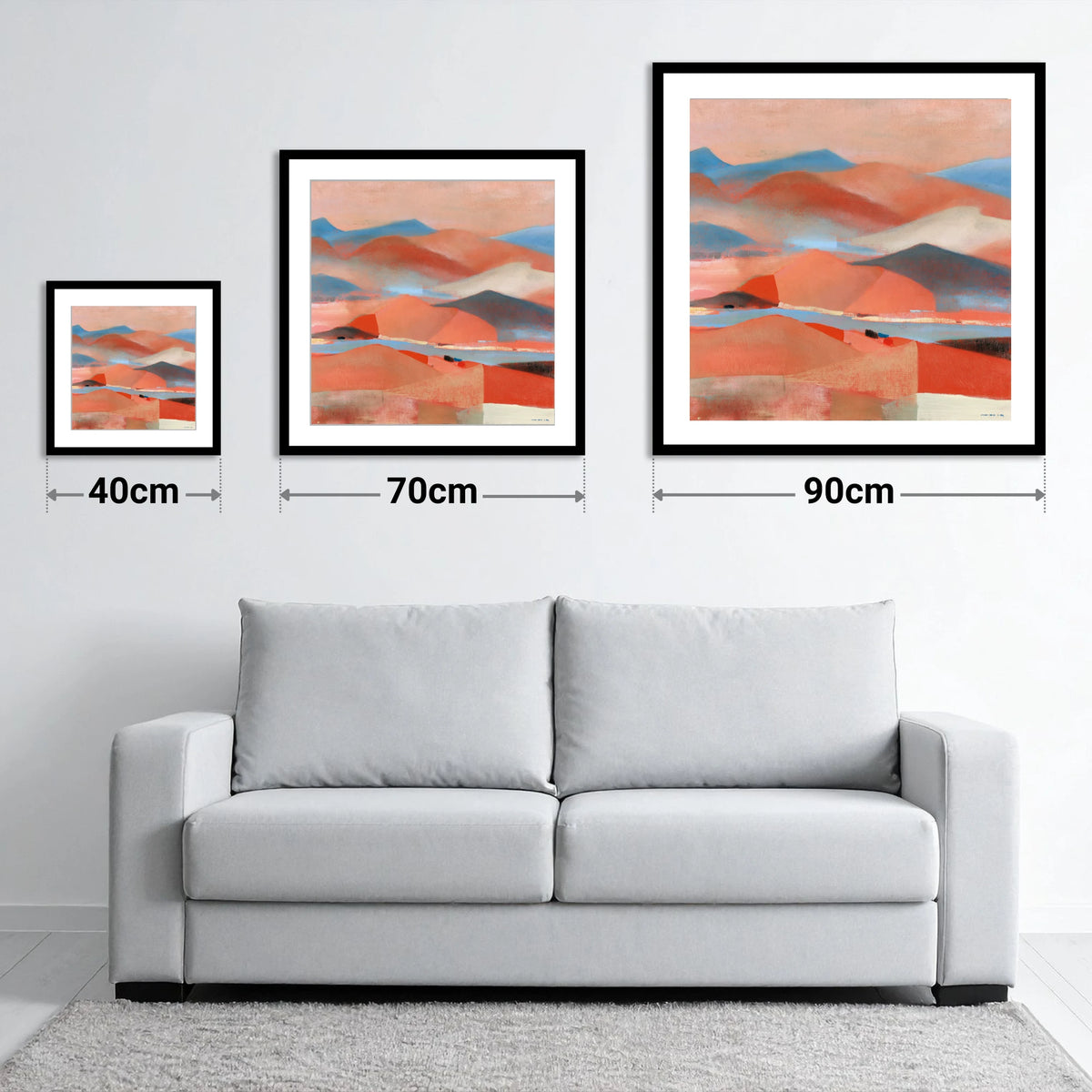 Abstract Summit View in Terracotta - size guide showing 40cm, 70cm and 90cm art prints