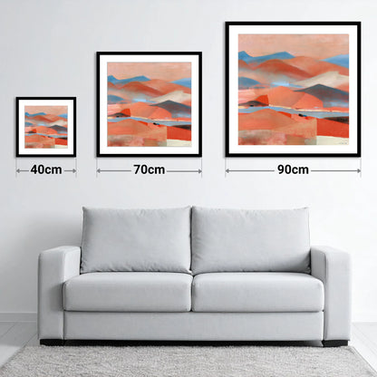 Abstract Summit View in Terracotta - size guide showing 40cm, 70cm and 90cm art prints