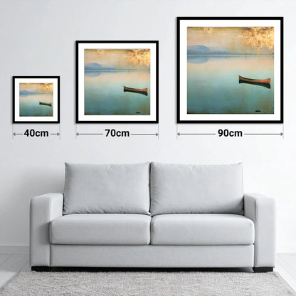 Windermere Canoe in Golden Haze - size guide showing 40cm, 70cm and 90cm art prints