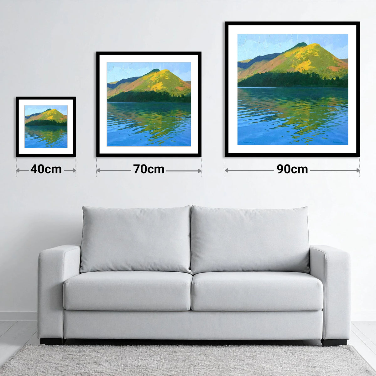 Sunlit Cat Bells Over Water - size guide showing 40cm, 70cm and 90cm art prints
