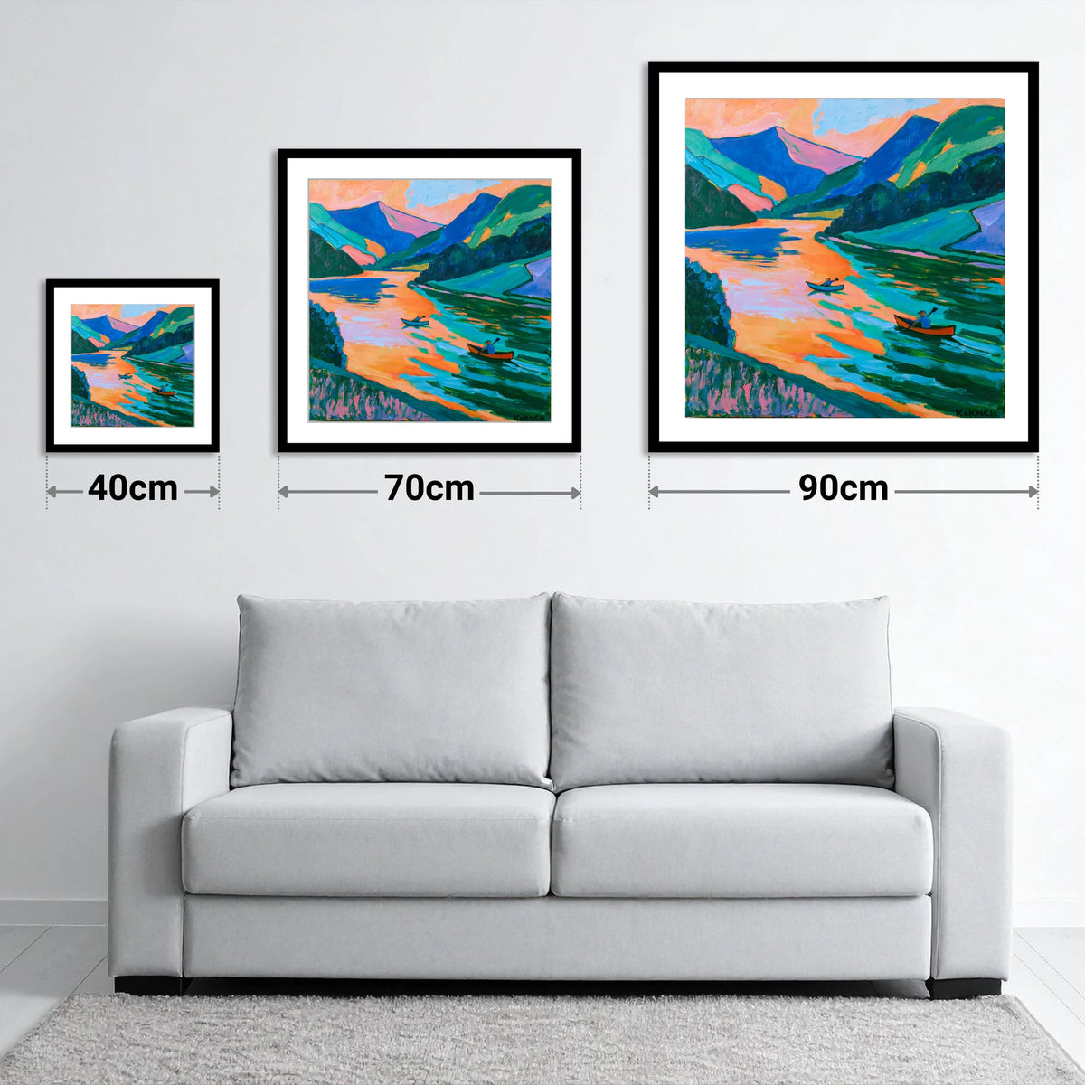 Lake Kayaking in Vivid Colour - size guide showing 40cm, 70cm and 90cm art prints