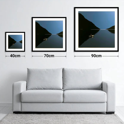 Illuminated Kayak on Dark Lake - size guide showing 40cm, 70cm and 90cm art prints