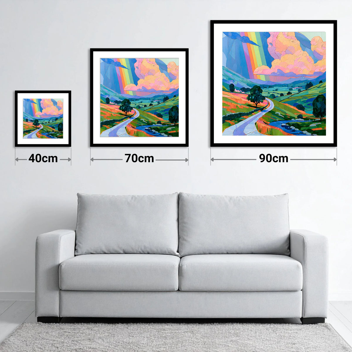Vibrant Rainbow Over Lakeland Fells - size guide showing 40cm, 70cm and 90cm art prints