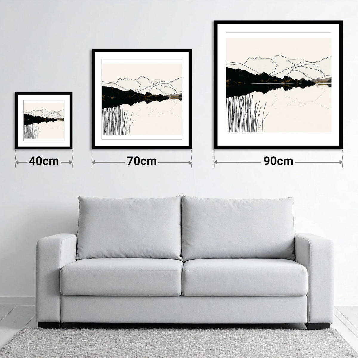 Elterwater Reeds in Black and Cream - size guide showing 40cm, 70cm and 90cm art prints