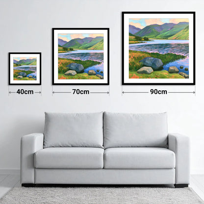 Sunset Ripples on the Lake - size guide showing 40cm, 70cm and 90cm art prints