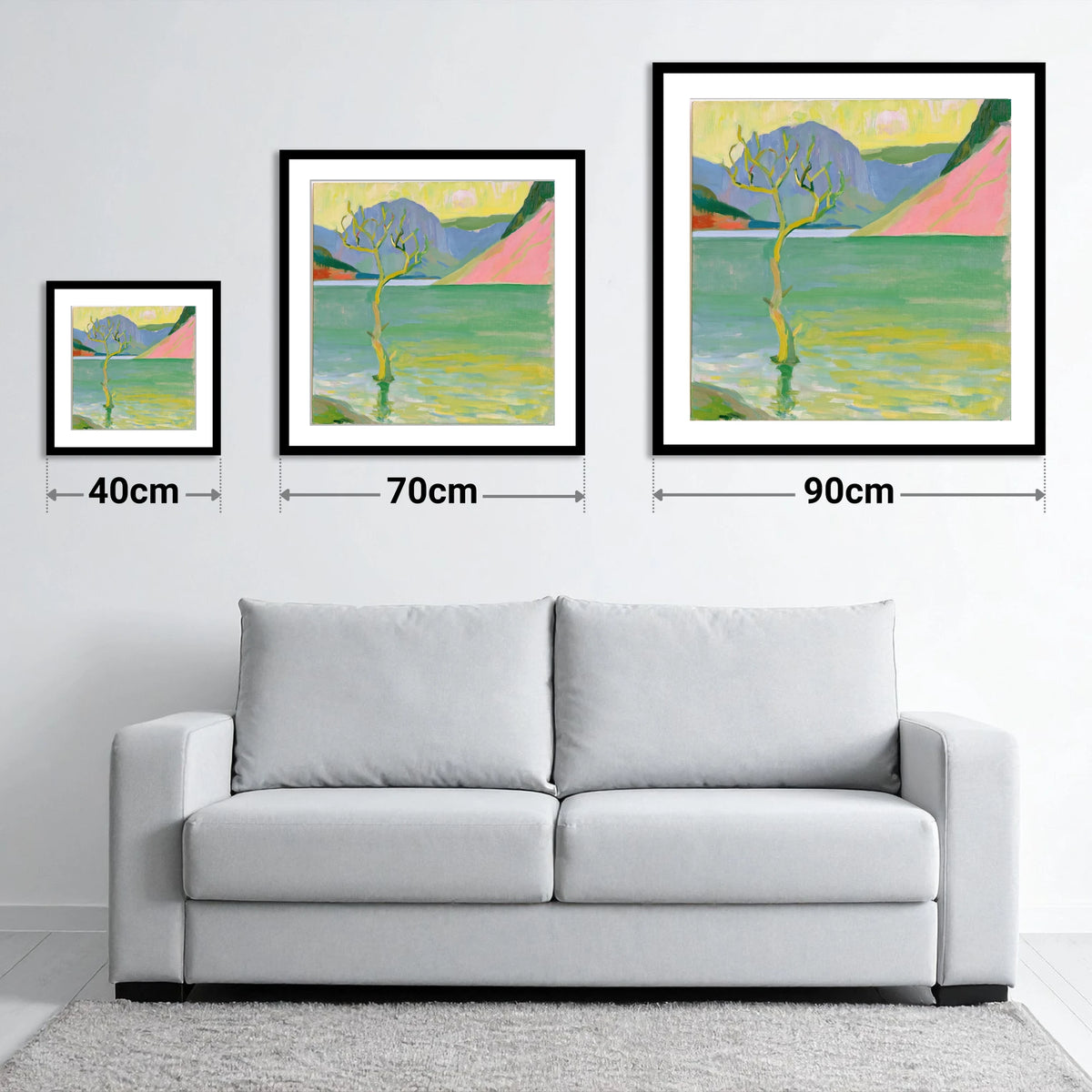 Vibrant Buttermere Lone Tree - size guide showing 40cm, 70cm and 90cm art prints