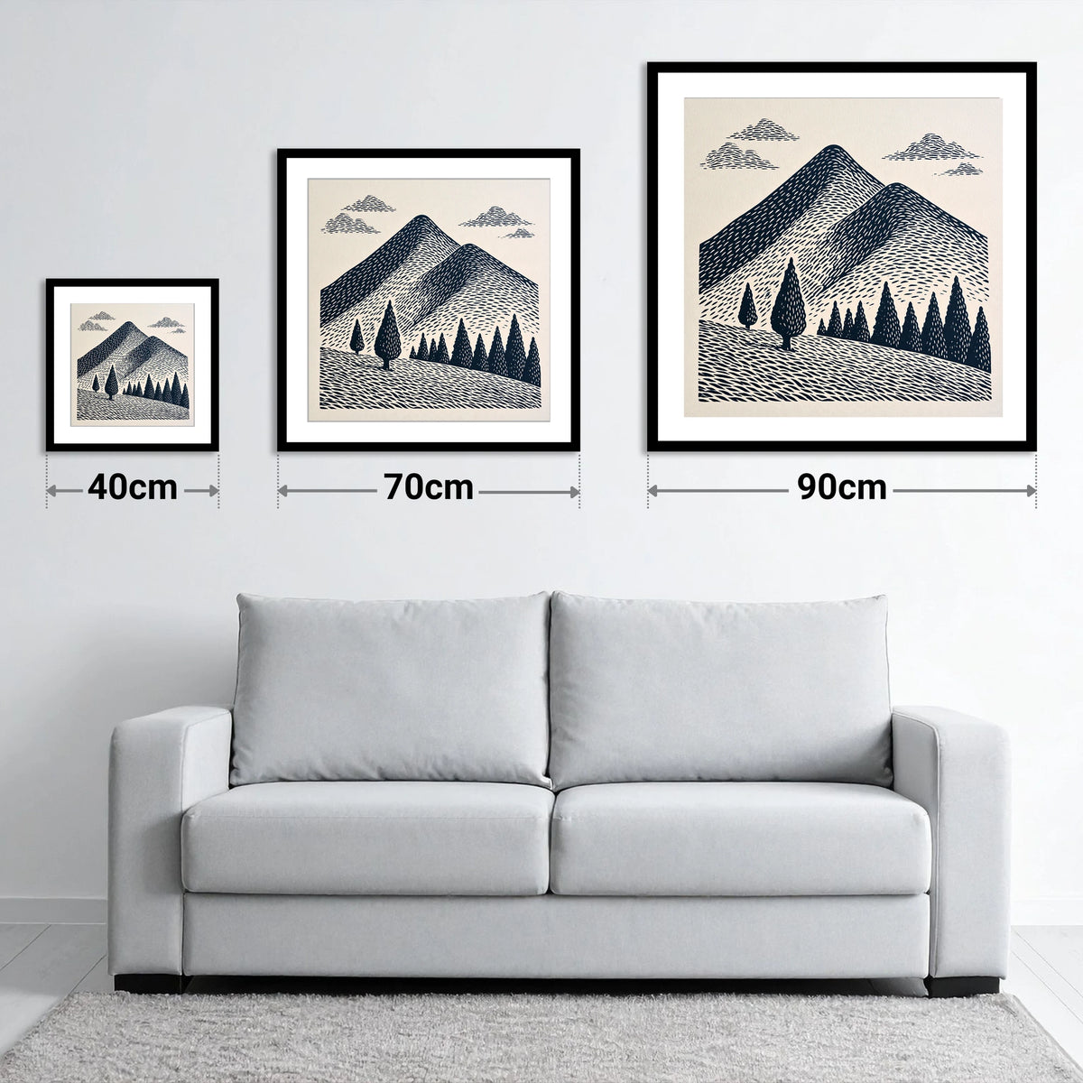 Midnight Blue Blencathra Peaks - size guide showing 40cm, 70cm and 90cm art prints