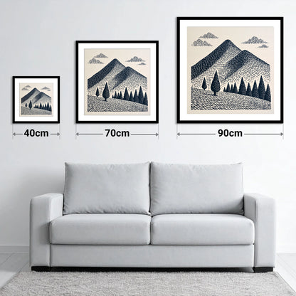 Midnight Blue Blencathra Peaks - size guide showing 40cm, 70cm and 90cm art prints