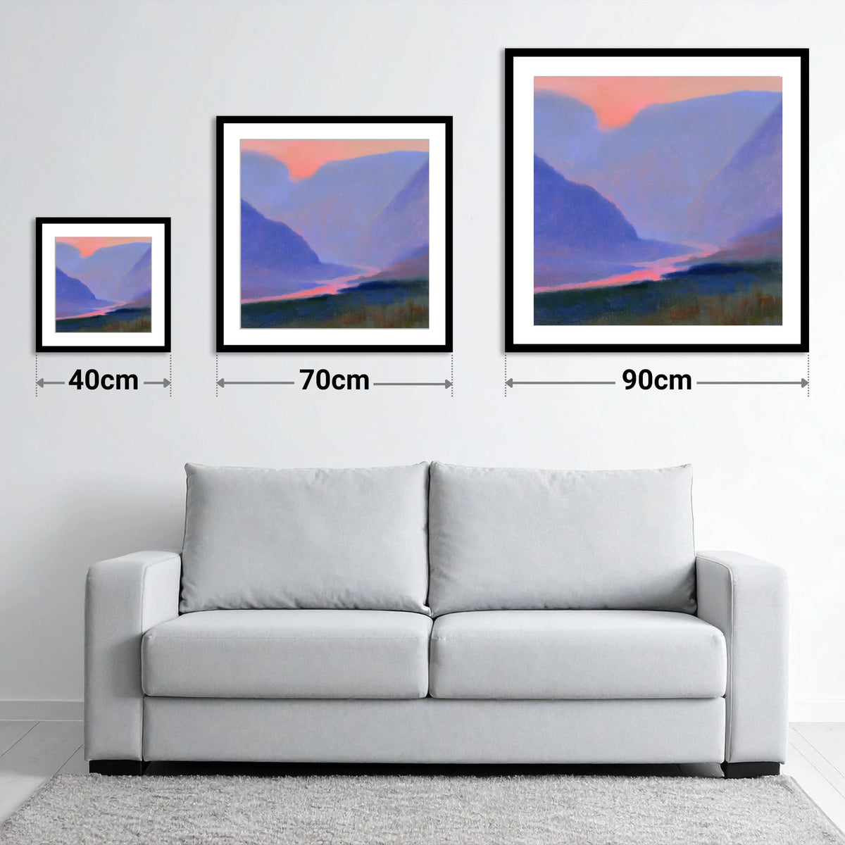 Twilight River Through Indigo Fells - size guide showing 40cm, 70cm and 90cm art prints