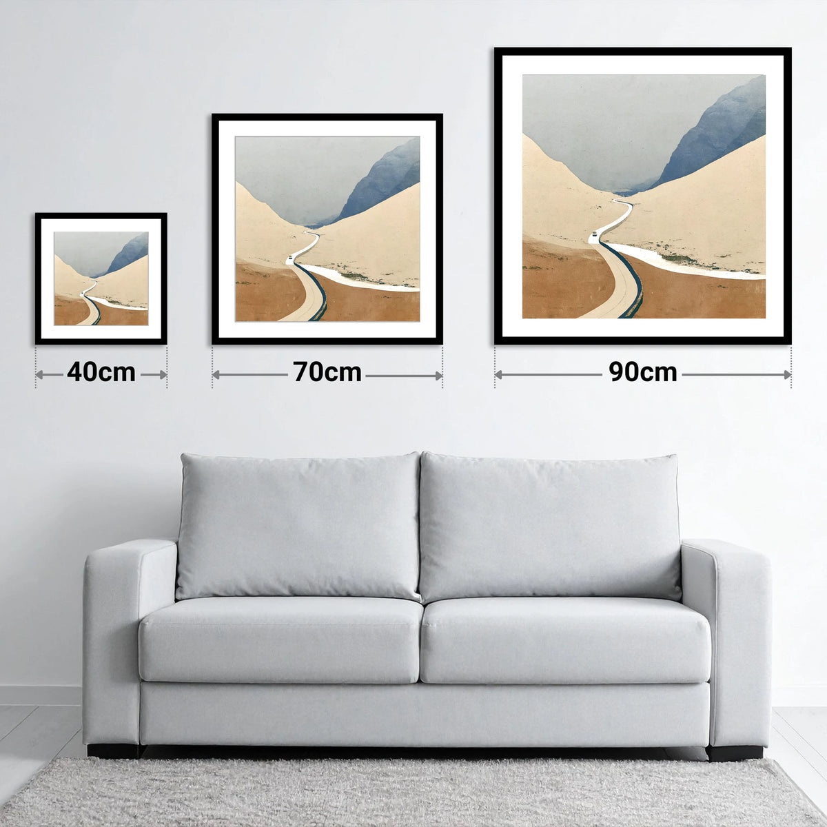 Winding Road through the High Pass - size guide showing 40cm, 70cm and 90cm art prints