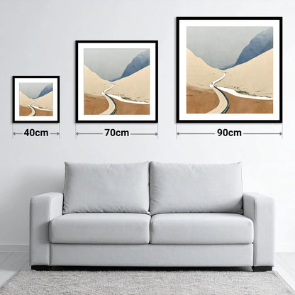 Winding Road through the High Pass - size guide showing 40cm, 70cm and 90cm art prints