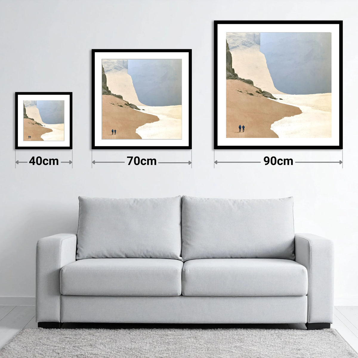 Fell Walkers Beneath Great Cliffs - size guide showing 40cm, 70cm and 90cm art prints