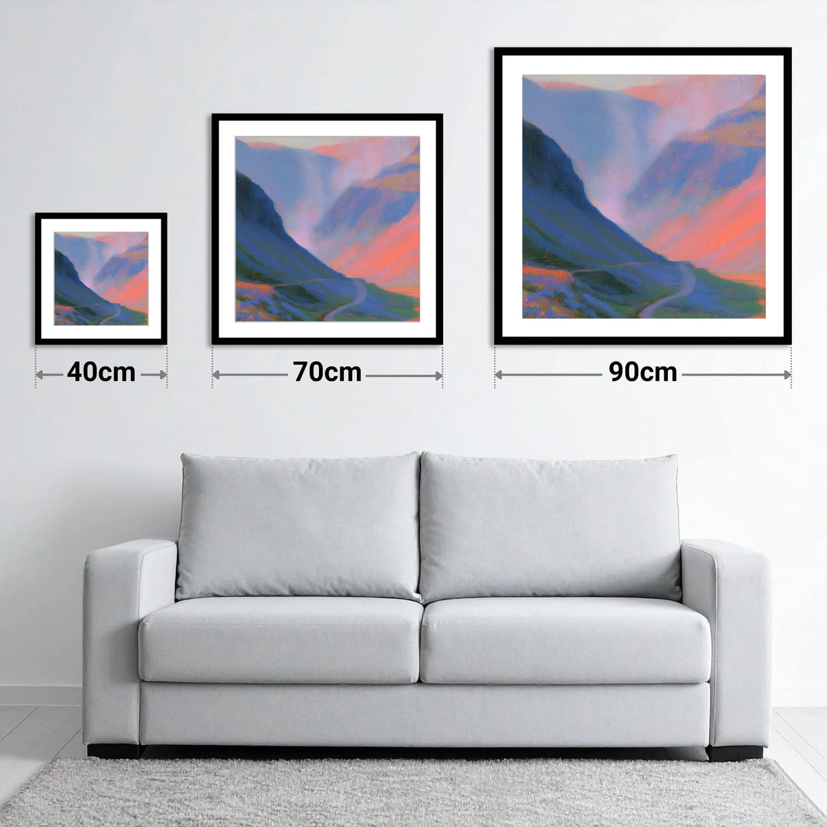 Winding Mountain Pass at Twilight - size guide showing 40cm, 70cm and 90cm art prints