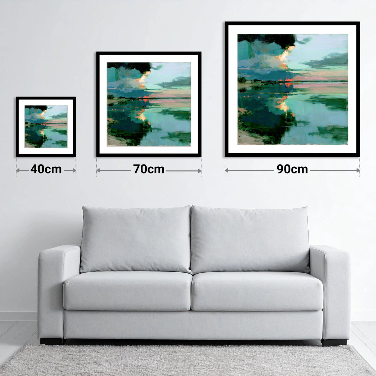 Fiery Sky Lake Reflections - size guide showing 40cm, 70cm and 90cm art prints