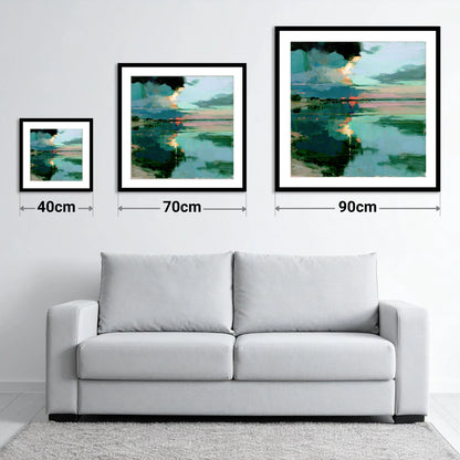 Fiery Sky Lake Reflections - size guide showing 40cm, 70cm and 90cm art prints