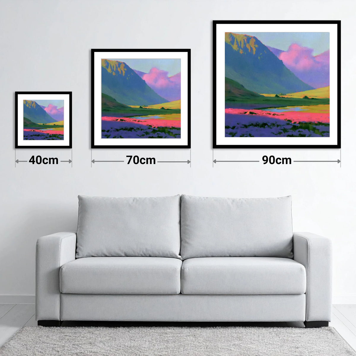 Dramatic Magenta Heather Fellside - size guide showing 40cm, 70cm and 90cm art prints