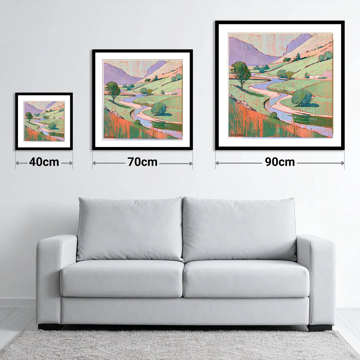 Winding River In Pastel Fells - size guide showing 40cm, 70cm and 90cm art prints