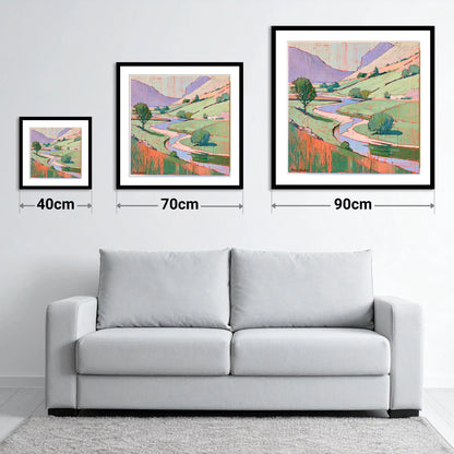 Winding River In Pastel Fells - size guide showing 40cm, 70cm and 90cm art prints