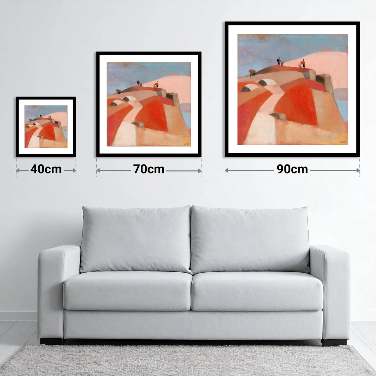 Fell Walkers on a Terracotta Summit - size guide showing 40cm, 70cm and 90cm art prints