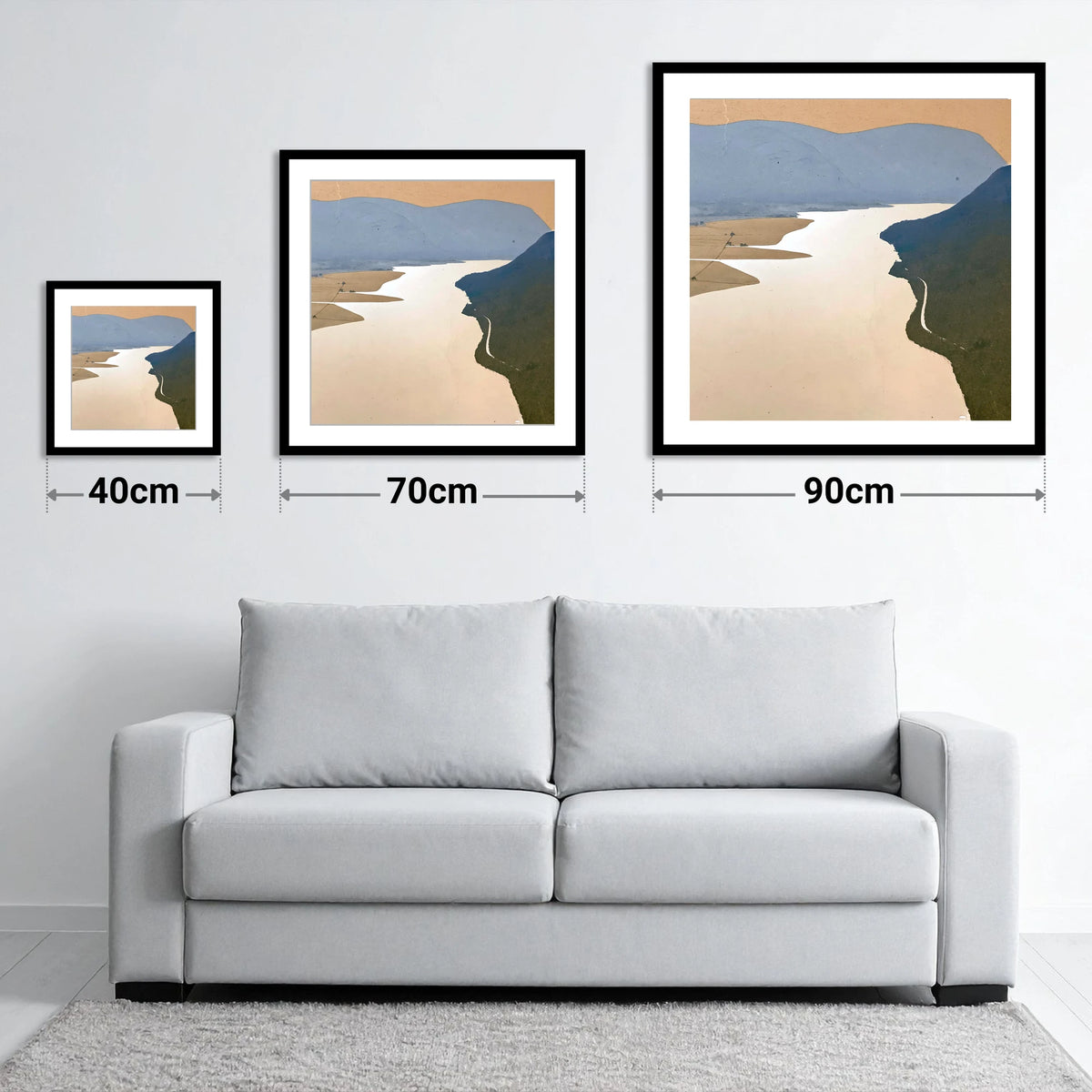 Bassenthwaite Lake From Above - size guide showing 40cm, 70cm and 90cm art prints