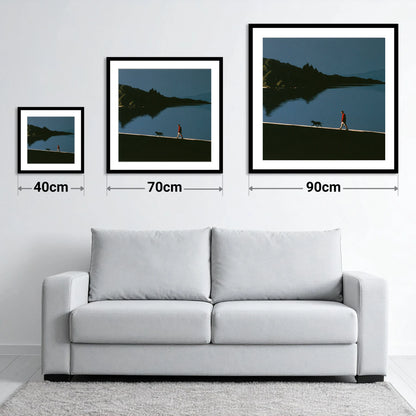 Coniston Water Dog Walk Silhouette - size guide showing 40cm, 70cm and 90cm art prints