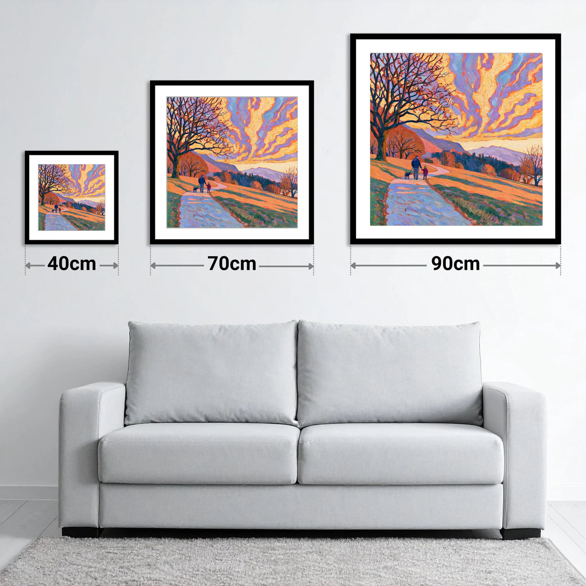 Fiery Sky Dog Walk Keswick - size guide showing 40cm, 70cm and 90cm art prints