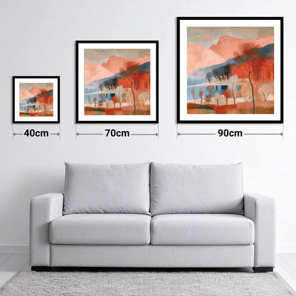 Terracotta Fells and Slate Lake - size guide showing 40cm, 70cm and 90cm art prints