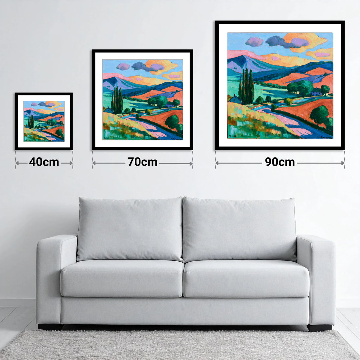 Vivid Golden Light on the Fells - size guide showing 40cm, 70cm and 90cm art prints