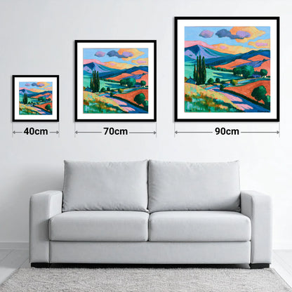 Vivid Golden Light on the Fells - size guide showing 40cm, 70cm and 90cm art prints