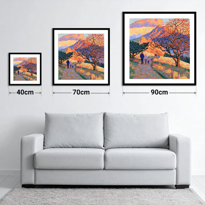 Sunset Dog Walk on Cat Bells - size guide showing 40cm, 70cm and 90cm art prints