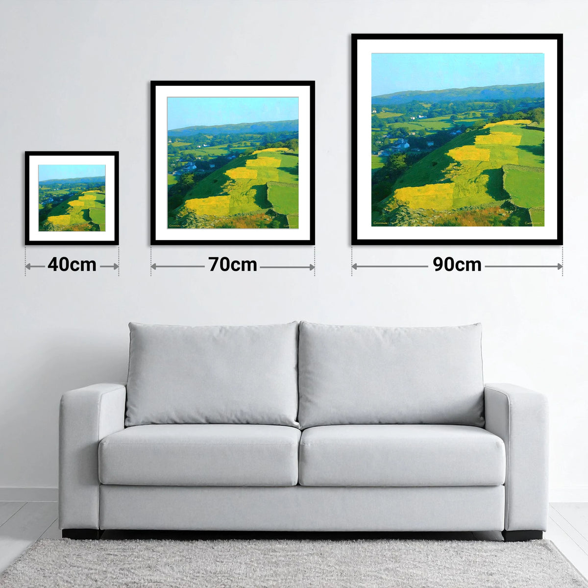 Sunlit Patchwork on Baystones Ridge - size guide showing 40cm, 70cm and 90cm art prints